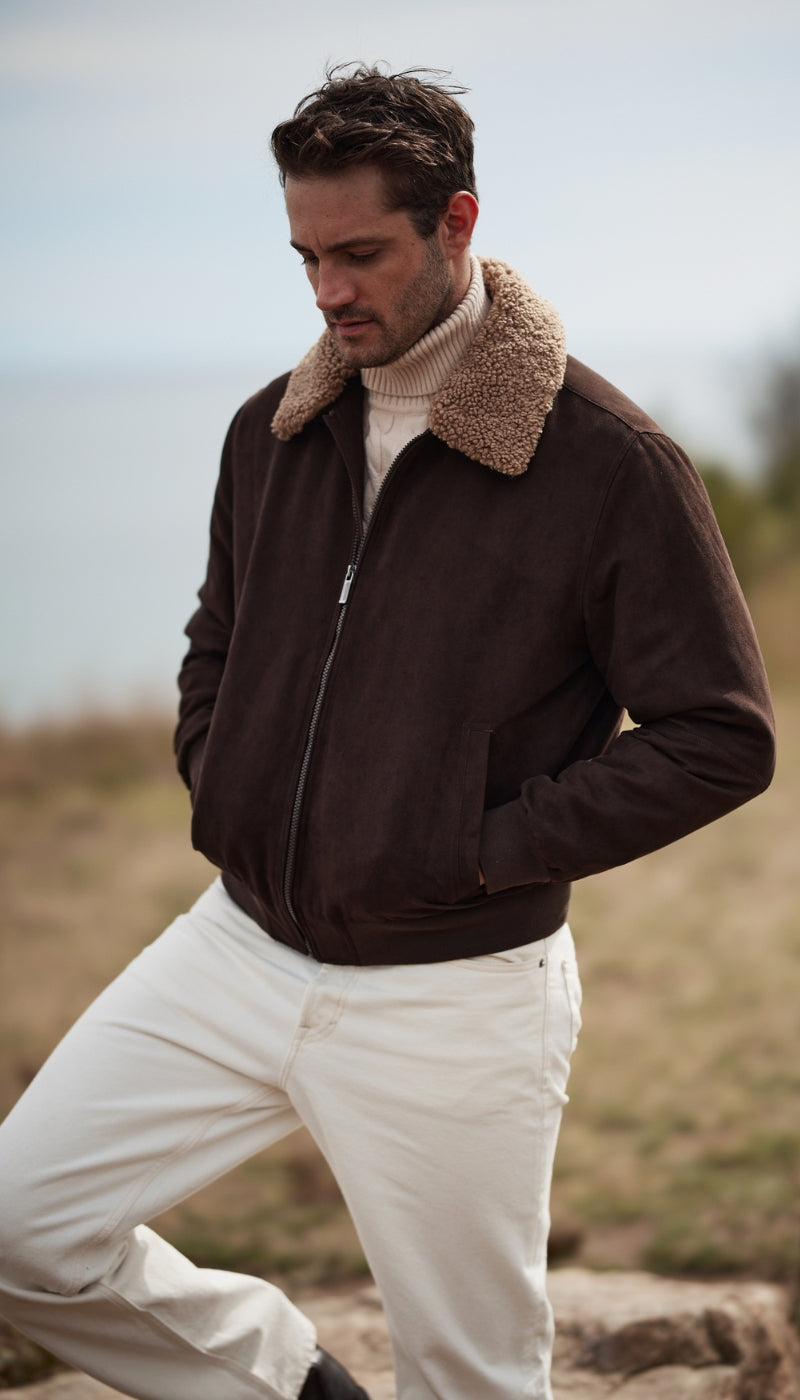 MICROSUEDE BOMBER JACKET WITH FAUX FUR COLLAR