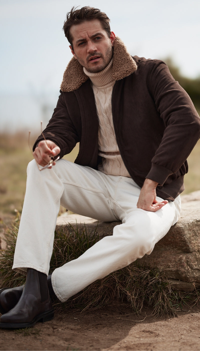 MICROSUEDE BOMBER JACKET WITH FAUX FUR COLLAR