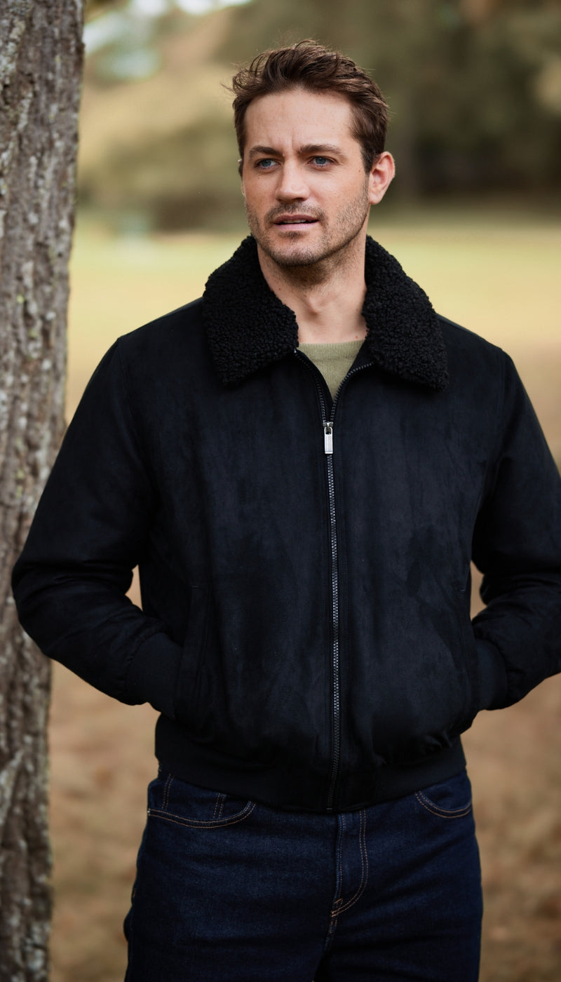 MICROSUEDE BOMBER JACKET WITH FAUX FUR COLLAR