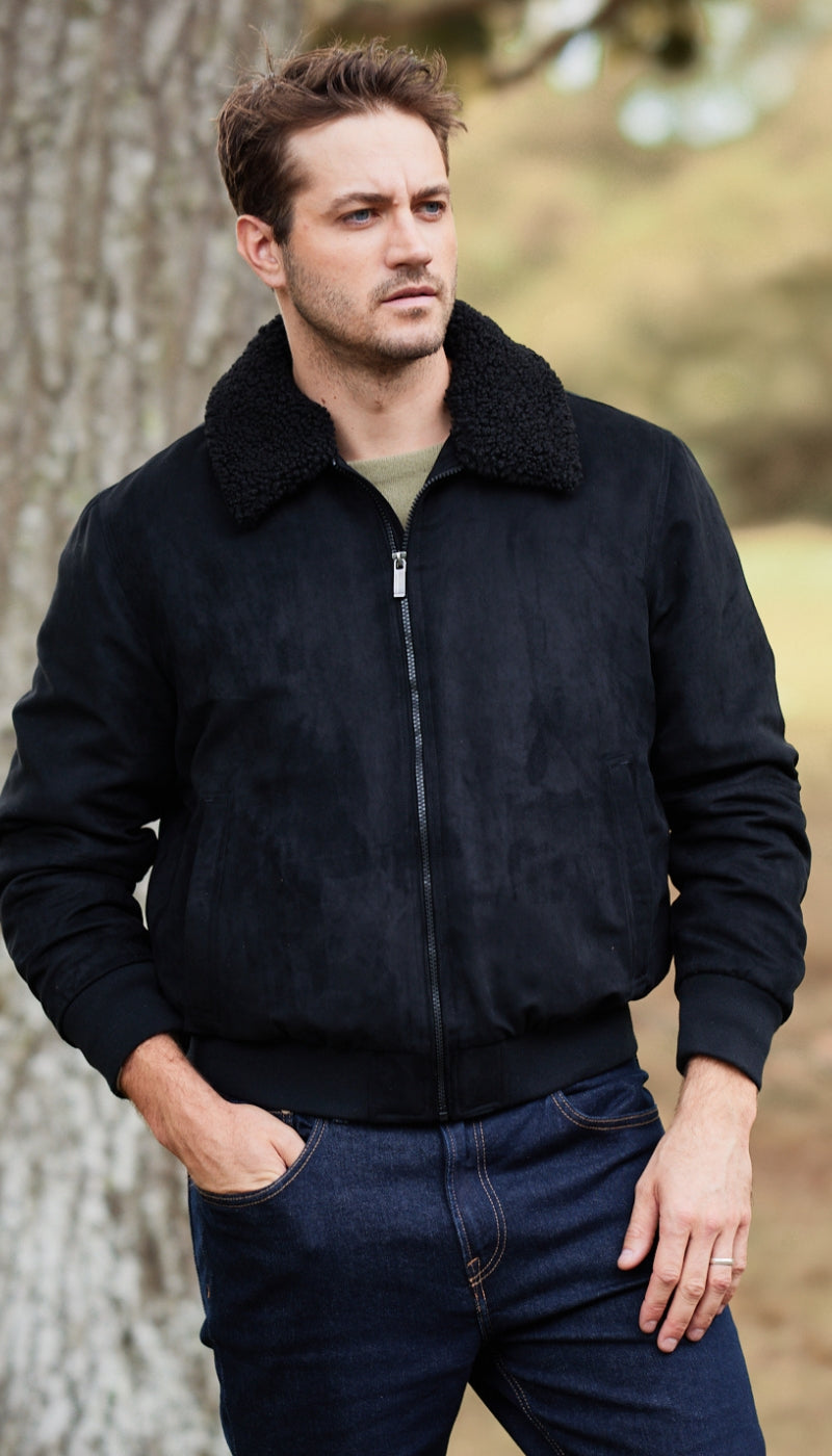 MICROSUEDE BOMBER JACKET WITH FAUX FUR COLLAR