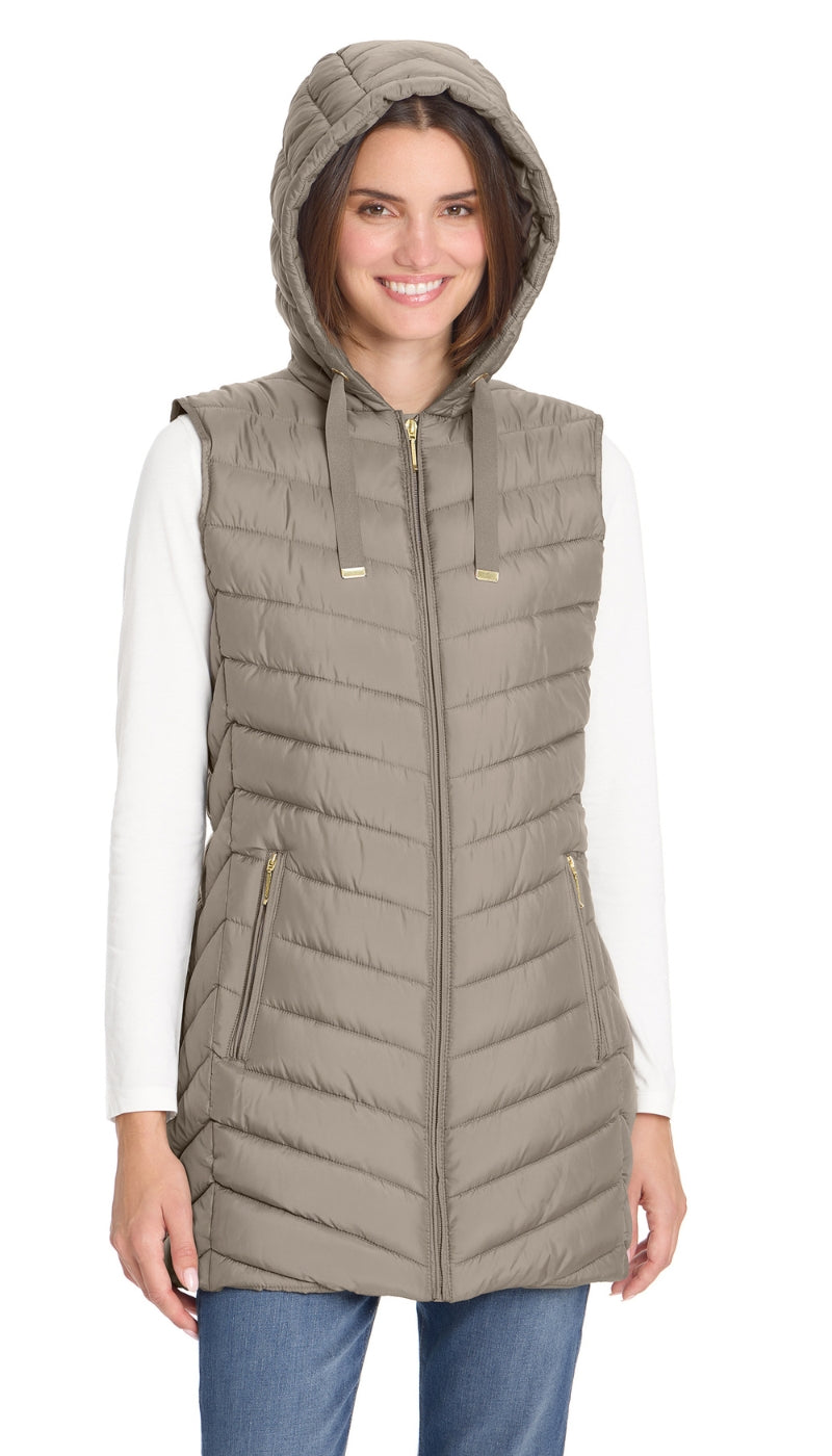 HOODED CHEVRON LONGLINE PUFFER VEST