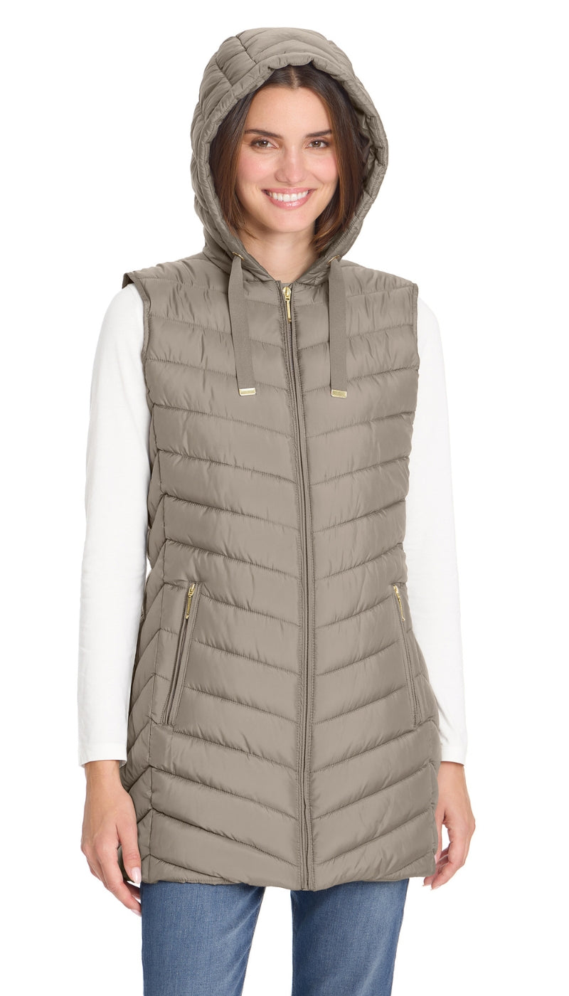HOODED CHEVRON LONGLINE PUFFER VEST