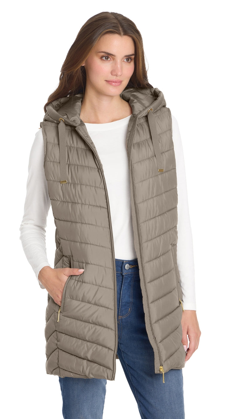HOODED CHEVRON LONGLINE PUFFER VEST