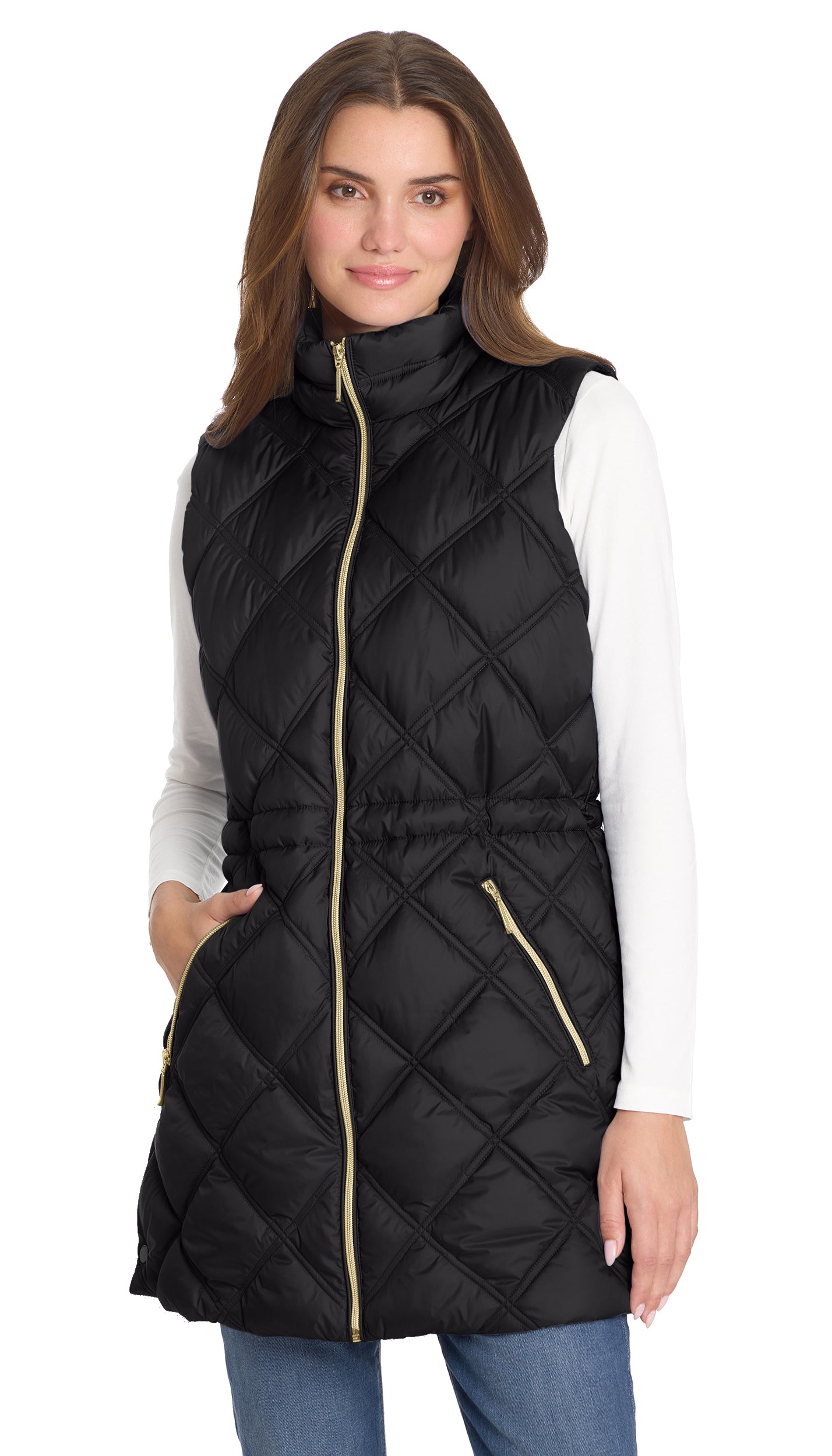 DIAMOND QUILTED LONGLINE CINCHED VEST