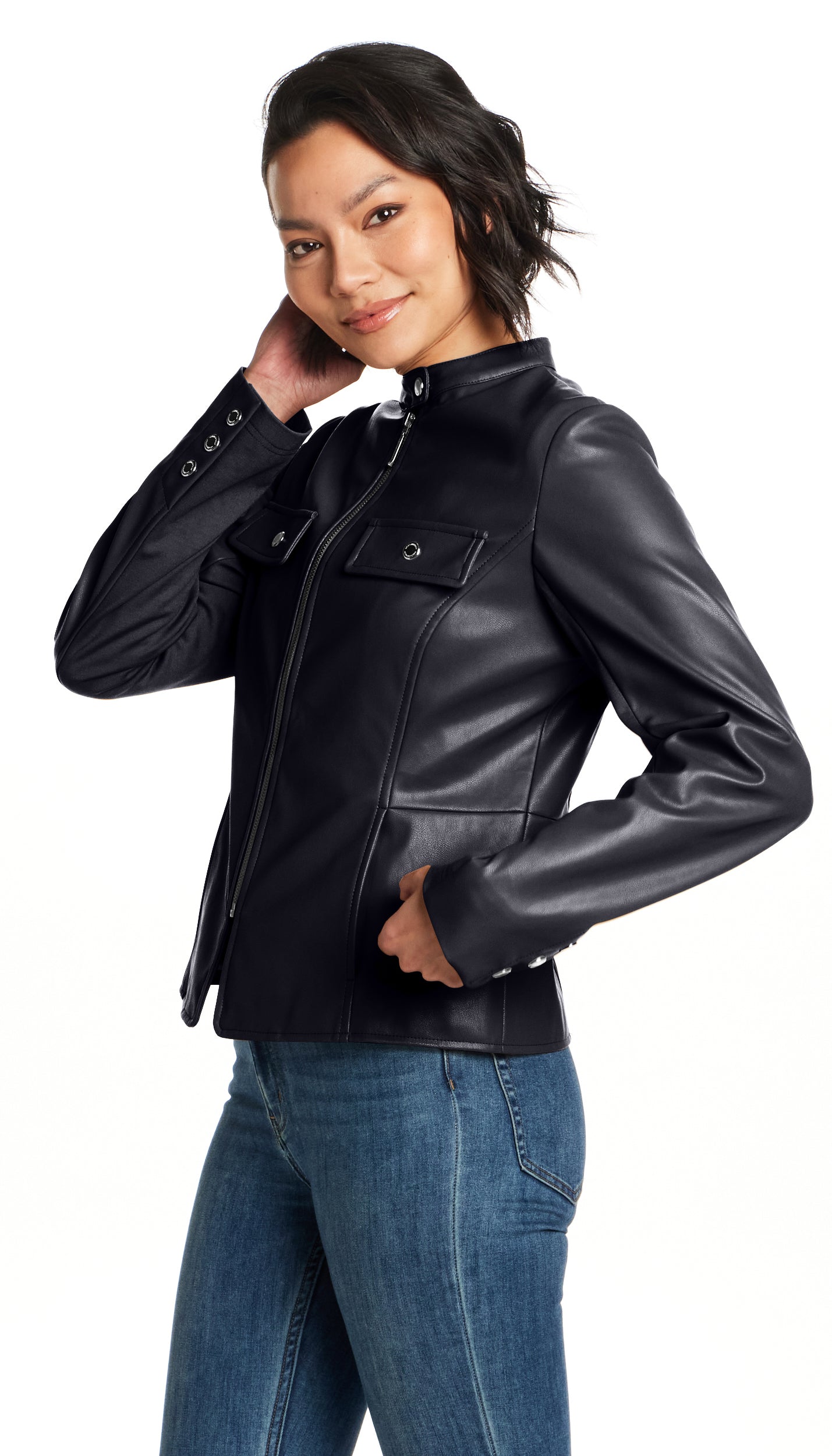 FAUX LEATHER JACKET WITH STRETCH KNIT