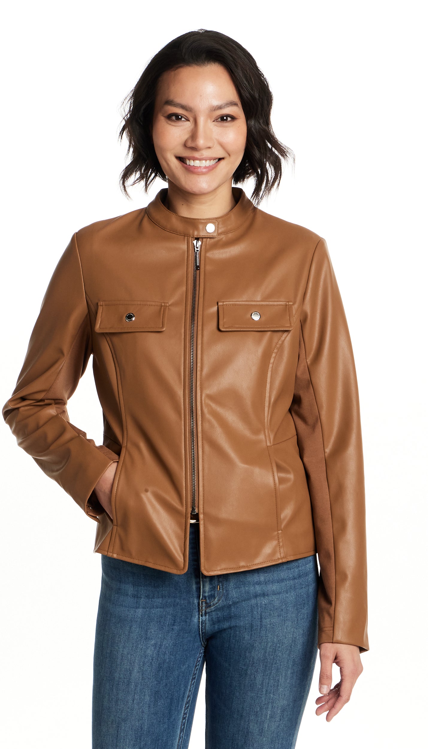 FAUX LEATHER JACKET WITH STRETCH KNIT