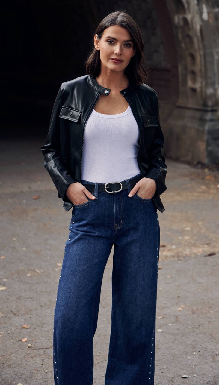 FAUX LEATHER JACKET WITH STRETCH KNIT