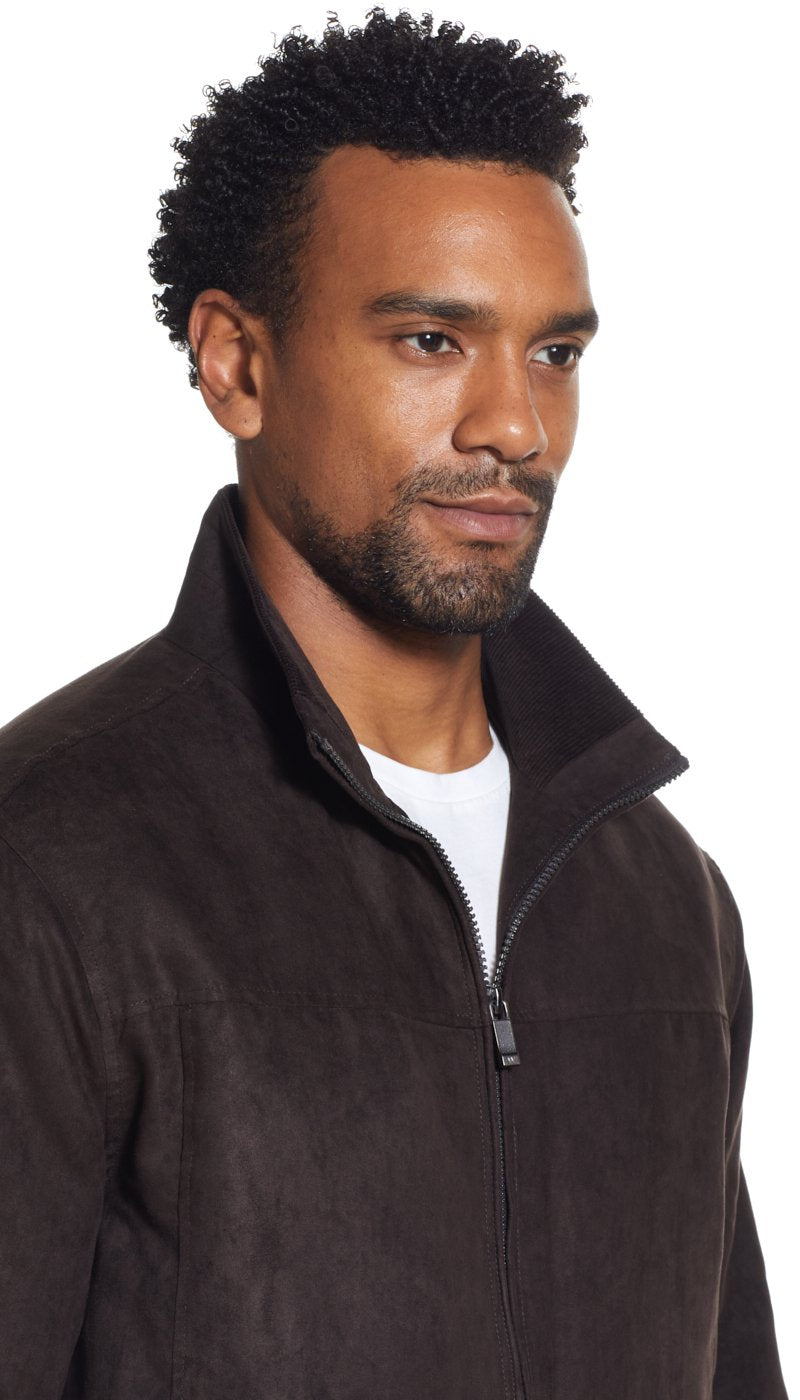 MICROSUEDE STAND COLLAR BOMBER JACKET