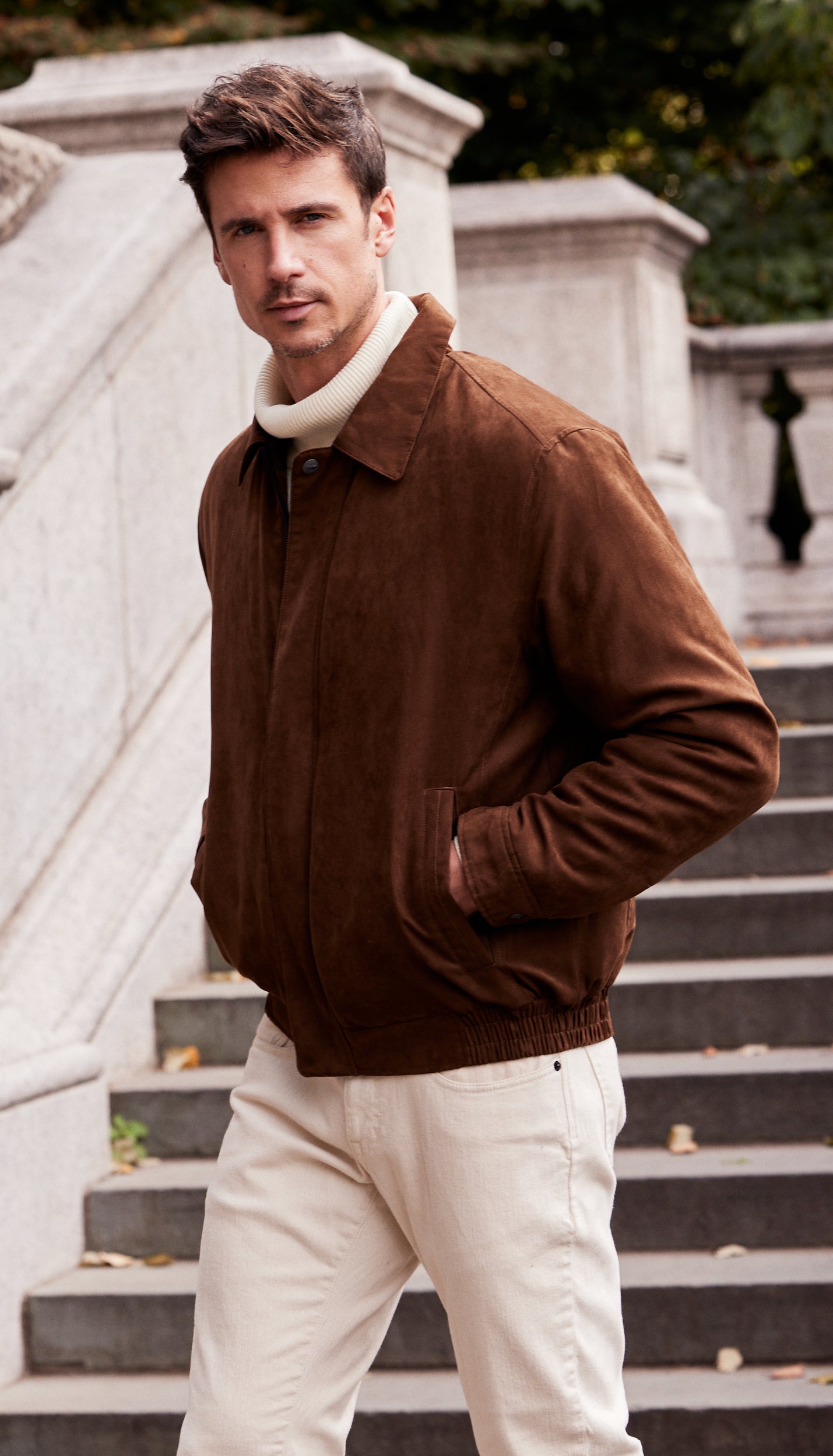 MICROSUEDE SHIRT COLLAR BOMBER JACKET