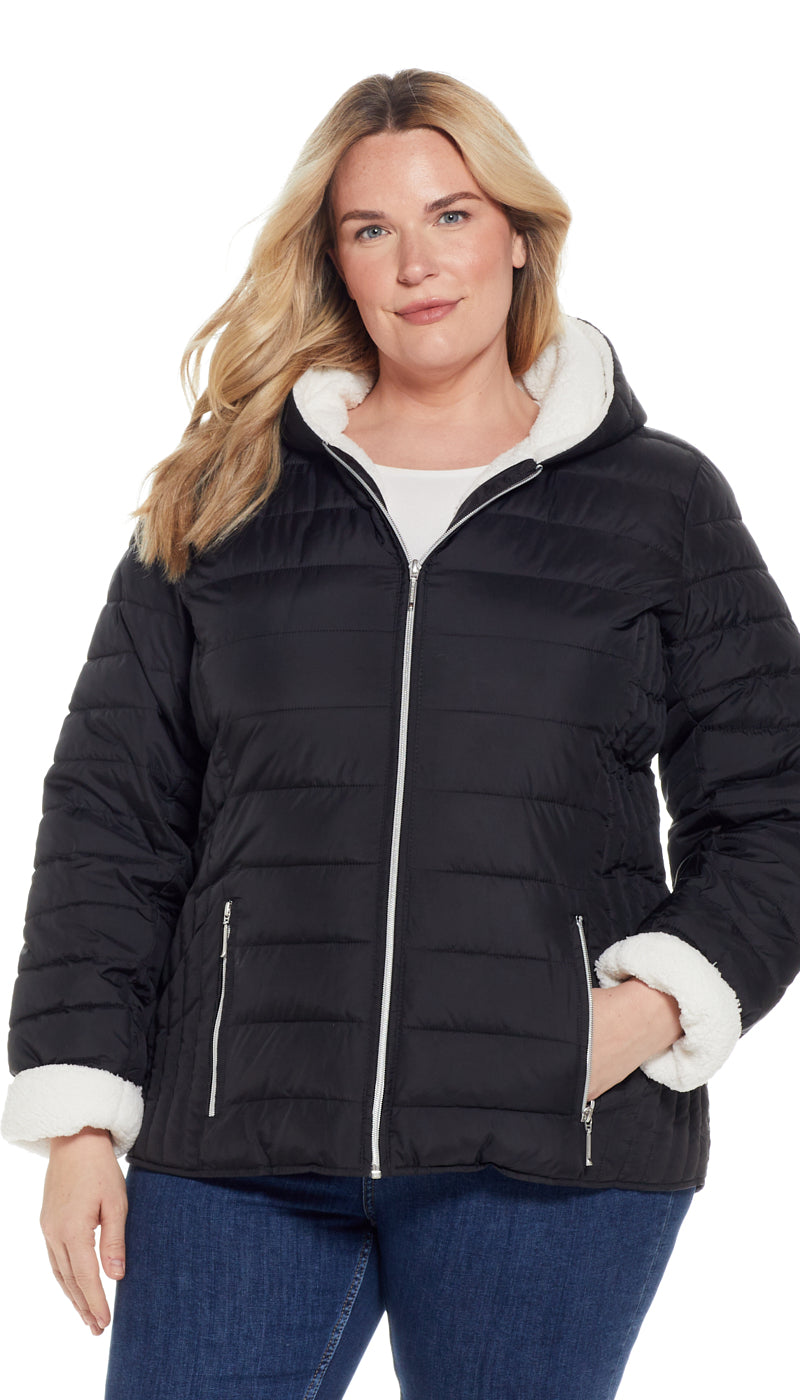 QUILTED PUFFER COAT WITH COZY FLEECE LINING