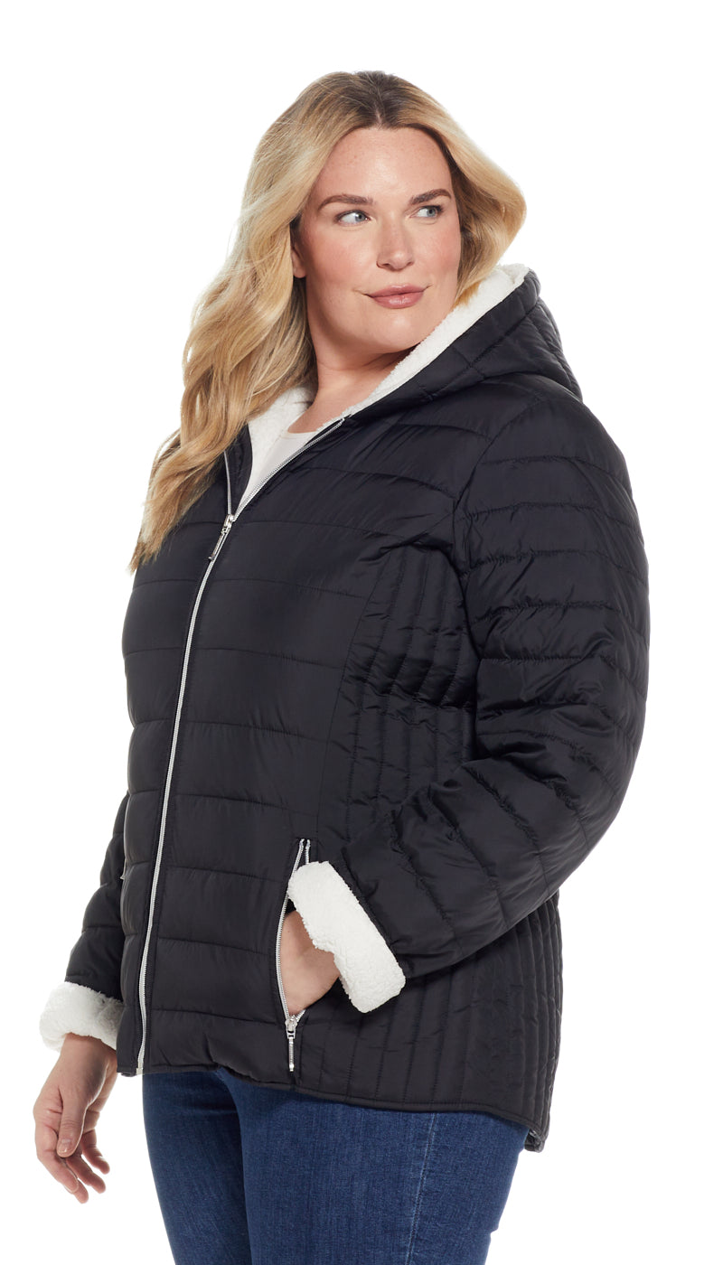 QUILTED PUFFER COAT WITH COZY FLEECE LINING