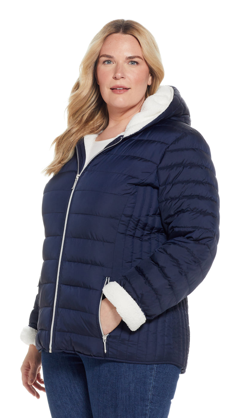 QUILTED PUFFER COAT WITH COZY FLEECE LINING