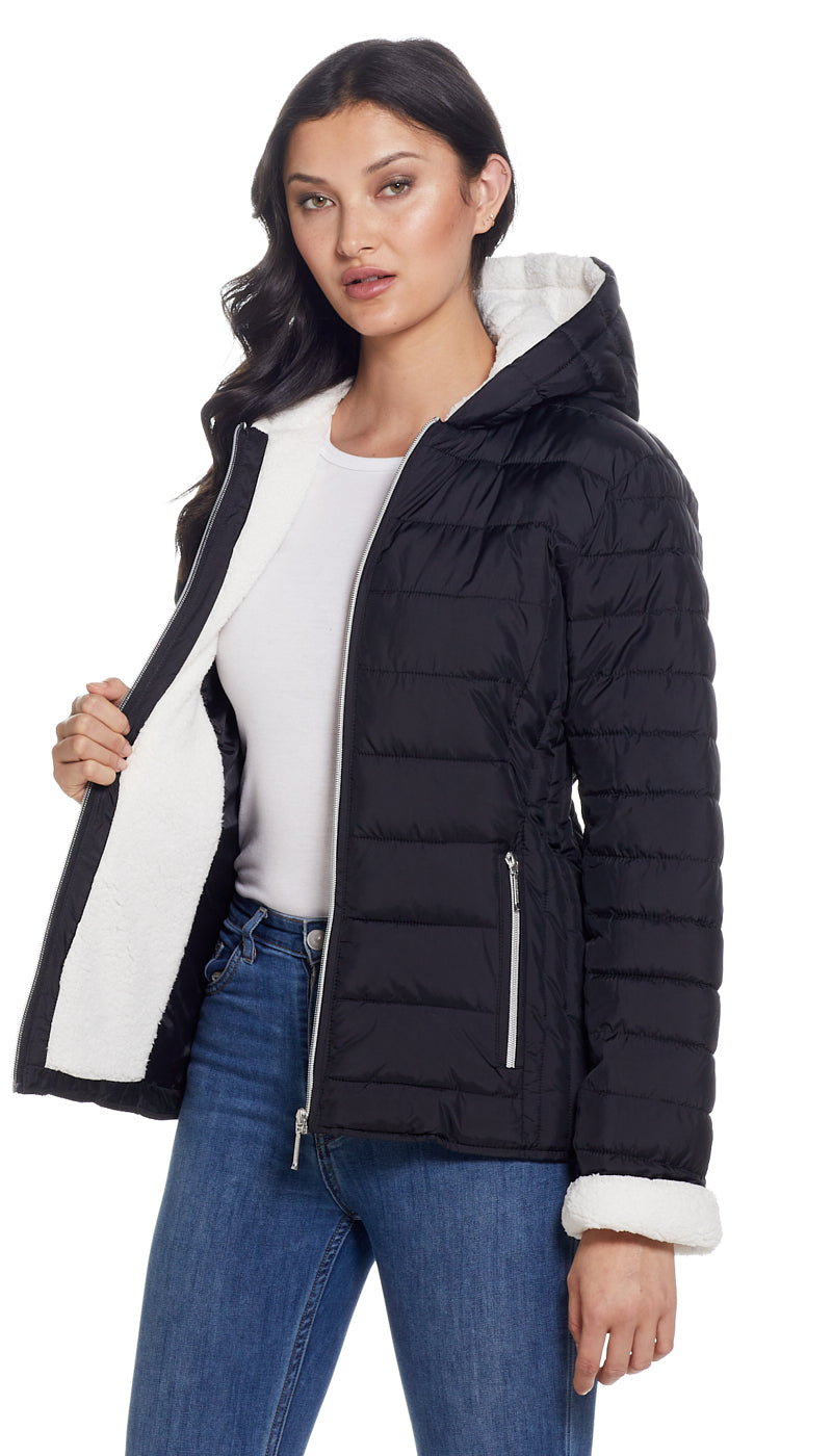 QUILTED PUFFER COAT WITH COZY FLEECE LINING