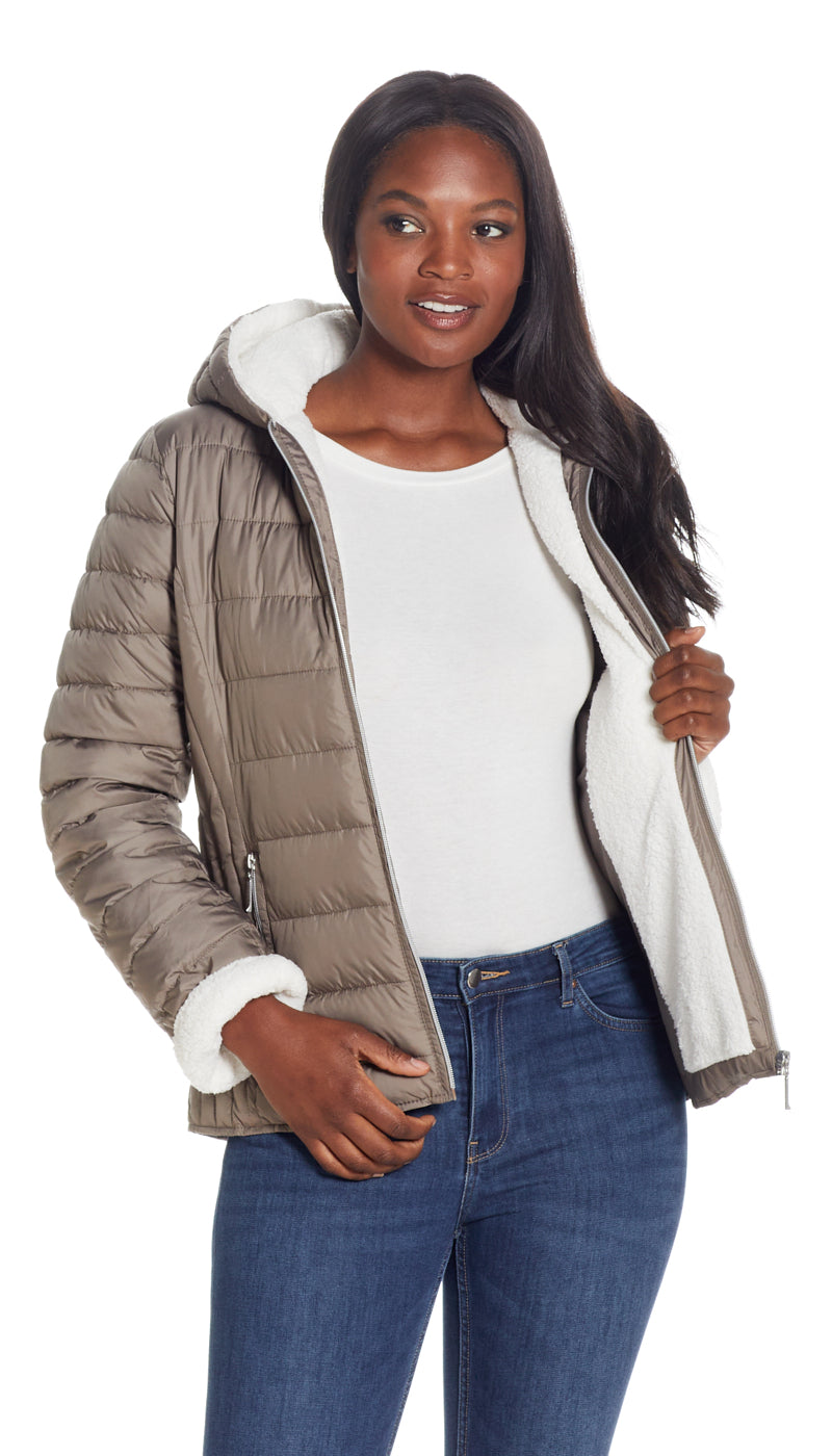 QUILTED PUFFER COAT WITH COZY FLEECE LINING