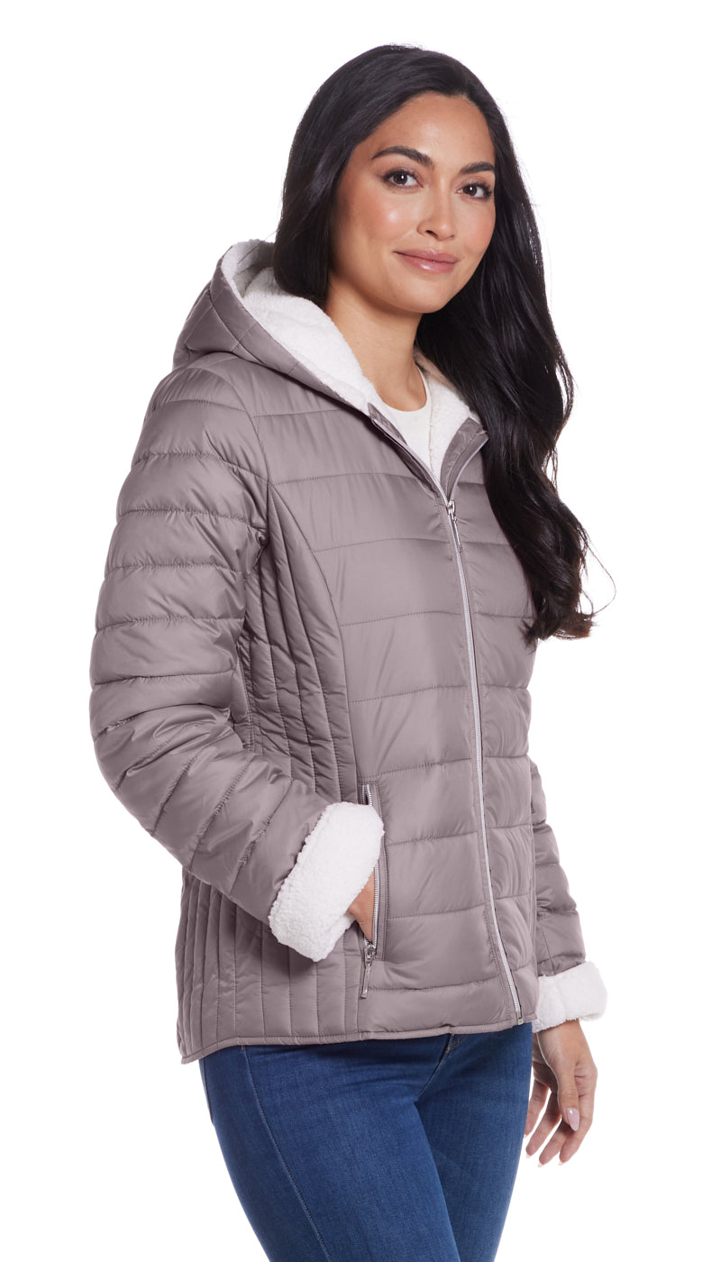 QUILTED PUFFER COAT WITH COZY FLEECE LINING