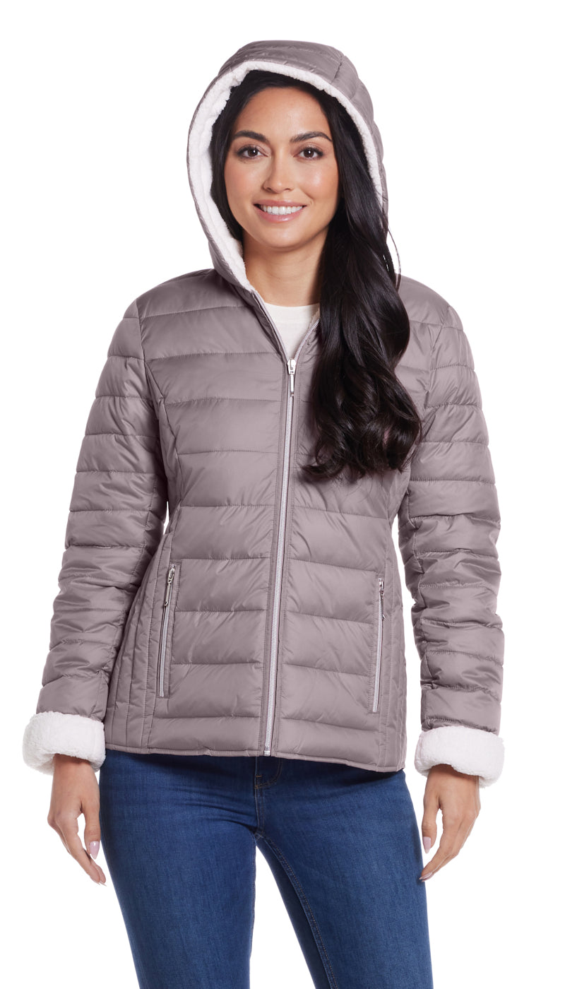 QUILTED PUFFER COAT WITH COZY FLEECE LINING