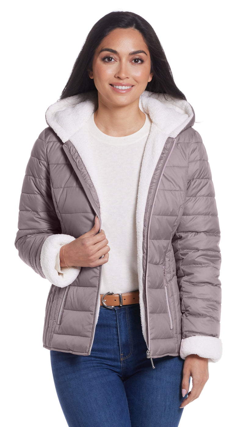 QUILTED PUFFER COAT WITH COZY FLEECE LINING