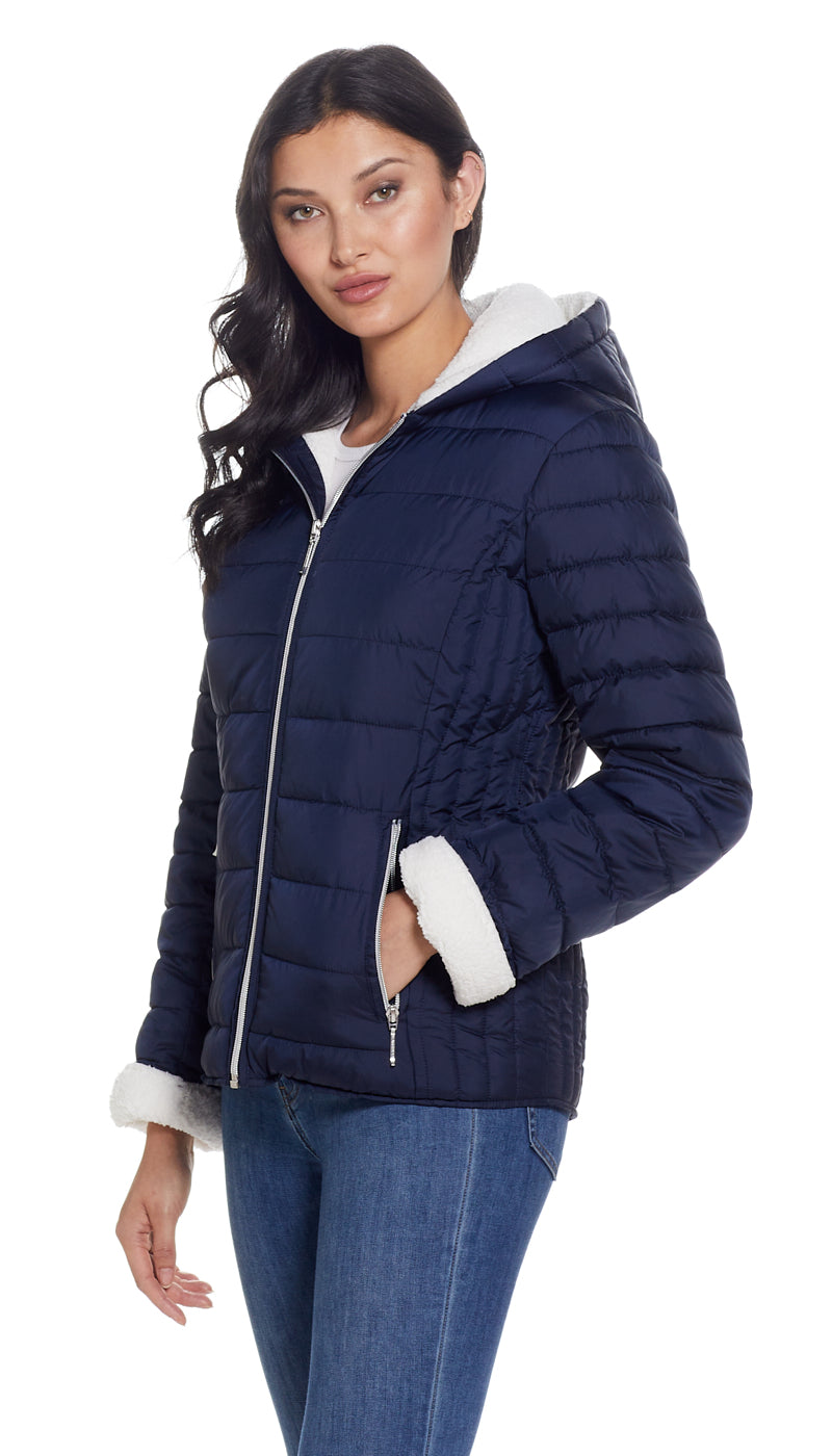 QUILTED PUFFER COAT WITH COZY FLEECE LINING