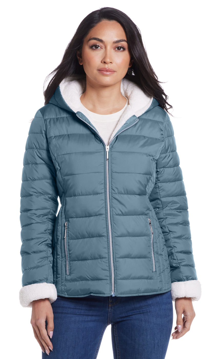 QUILTED PUFFER COAT WITH COZY FLEECE LINING