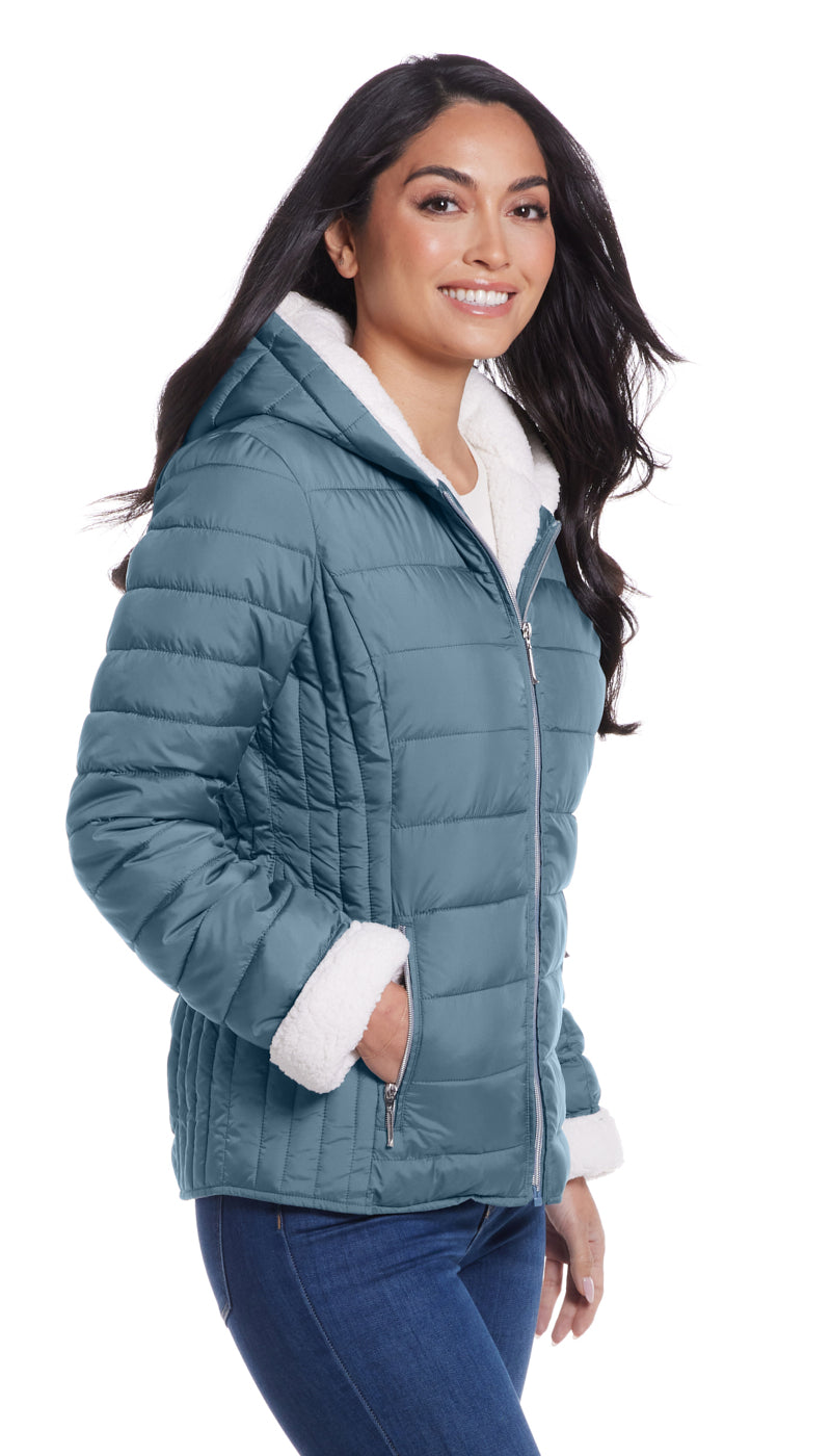 QUILTED PUFFER COAT WITH COZY FLEECE LINING