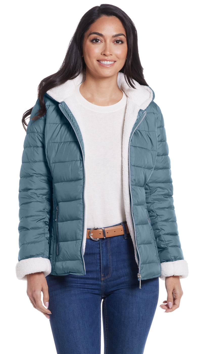 QUILTED PUFFER COAT WITH COZY FLEECE LINING