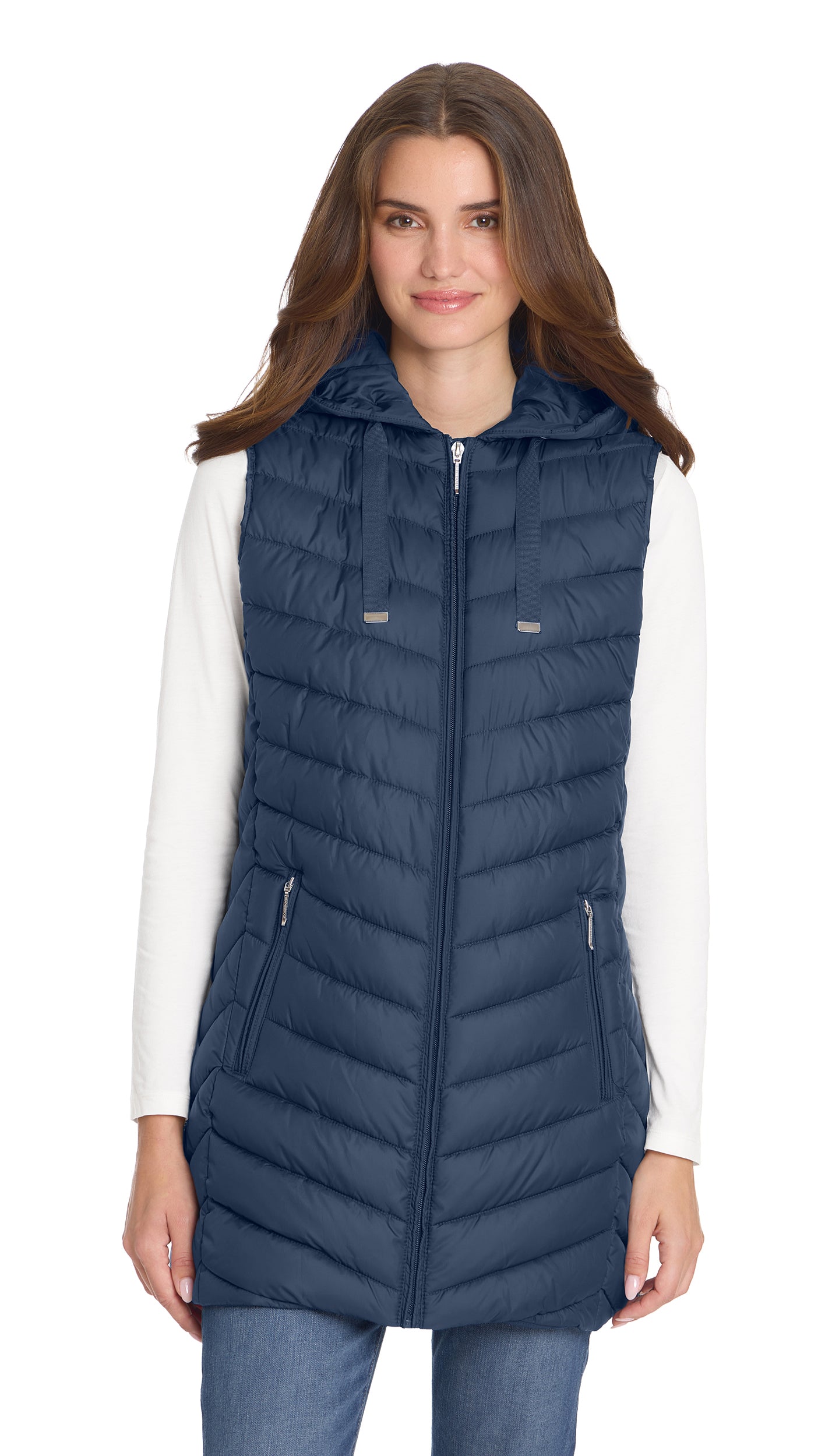 HOODED CHEVRON LONGLINE PUFFER VEST