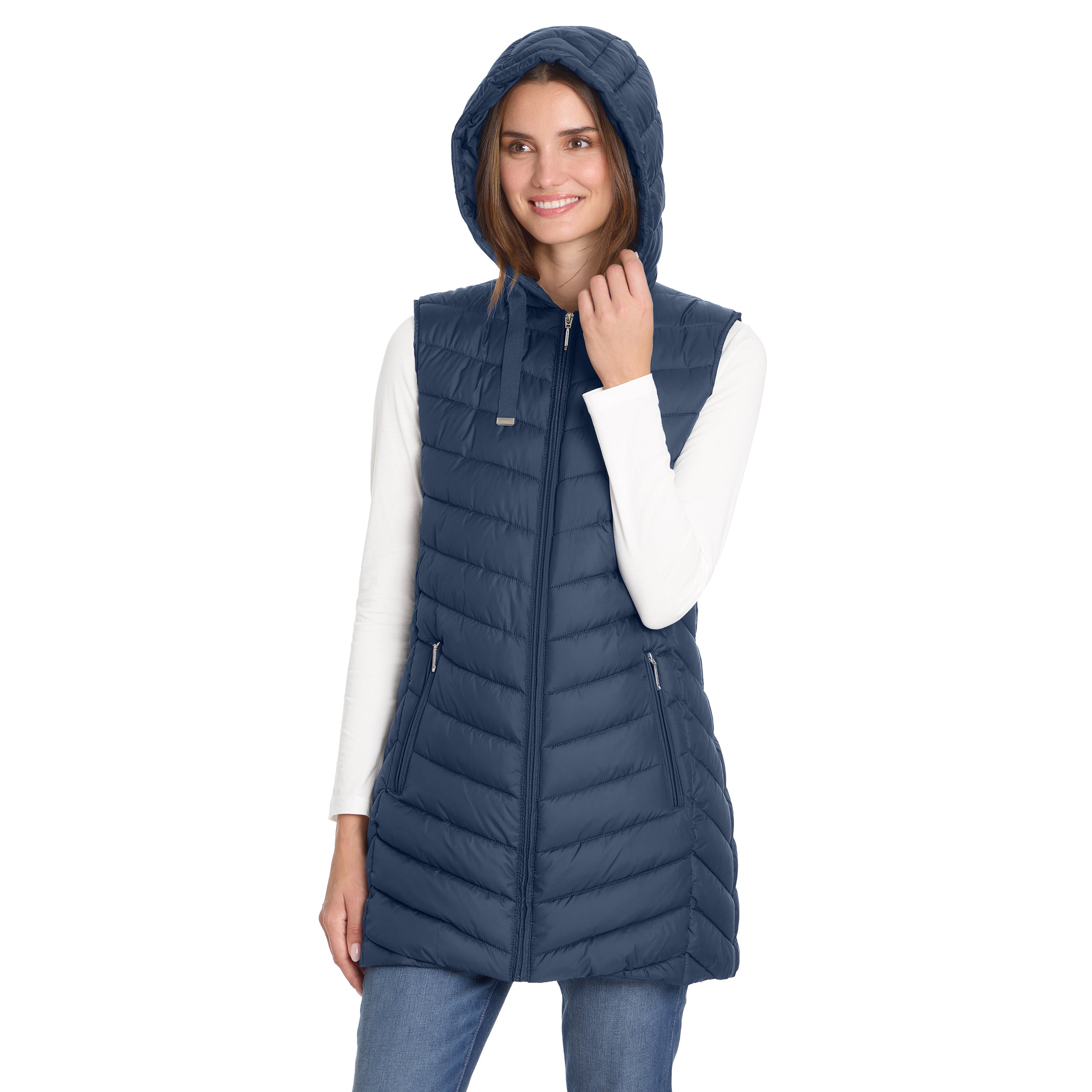 HOODED CHEVRON LONGLINE PUFFER VEST