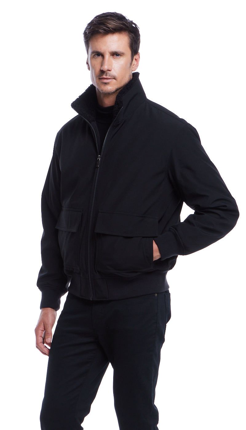 FLEX TECH BOMBER WITH FAUX FUR TRIM