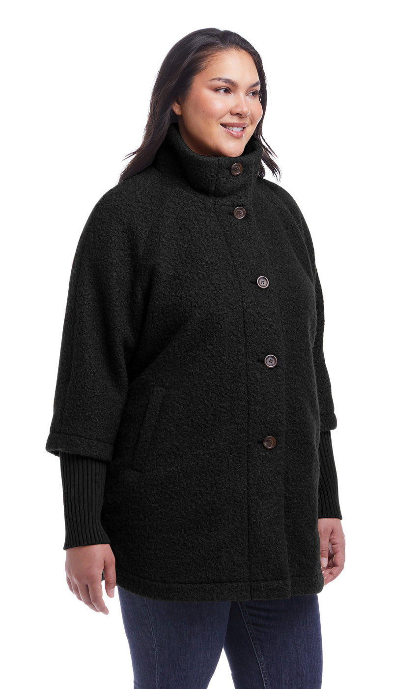 BUTTON FRONT BOUCLE TOPPER WITH KNIT SLEEVES