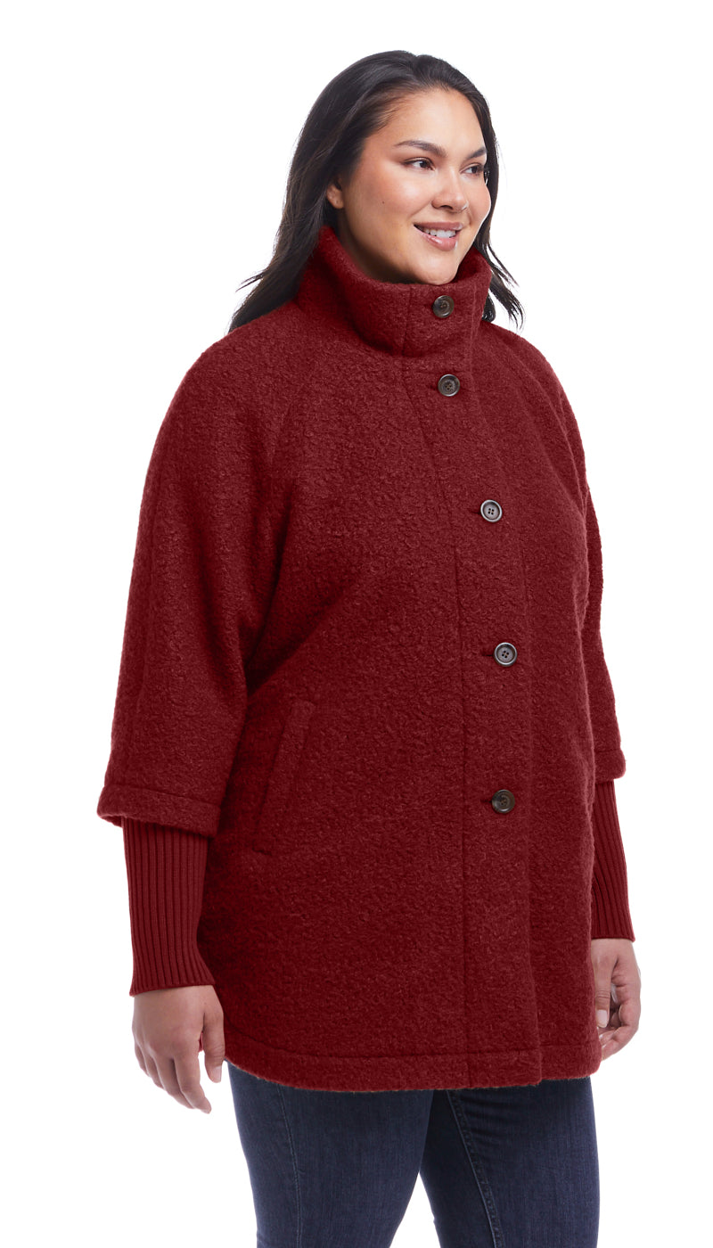 BUTTON FRONT BOUCLE TOPPER WITH KNIT SLEEVES