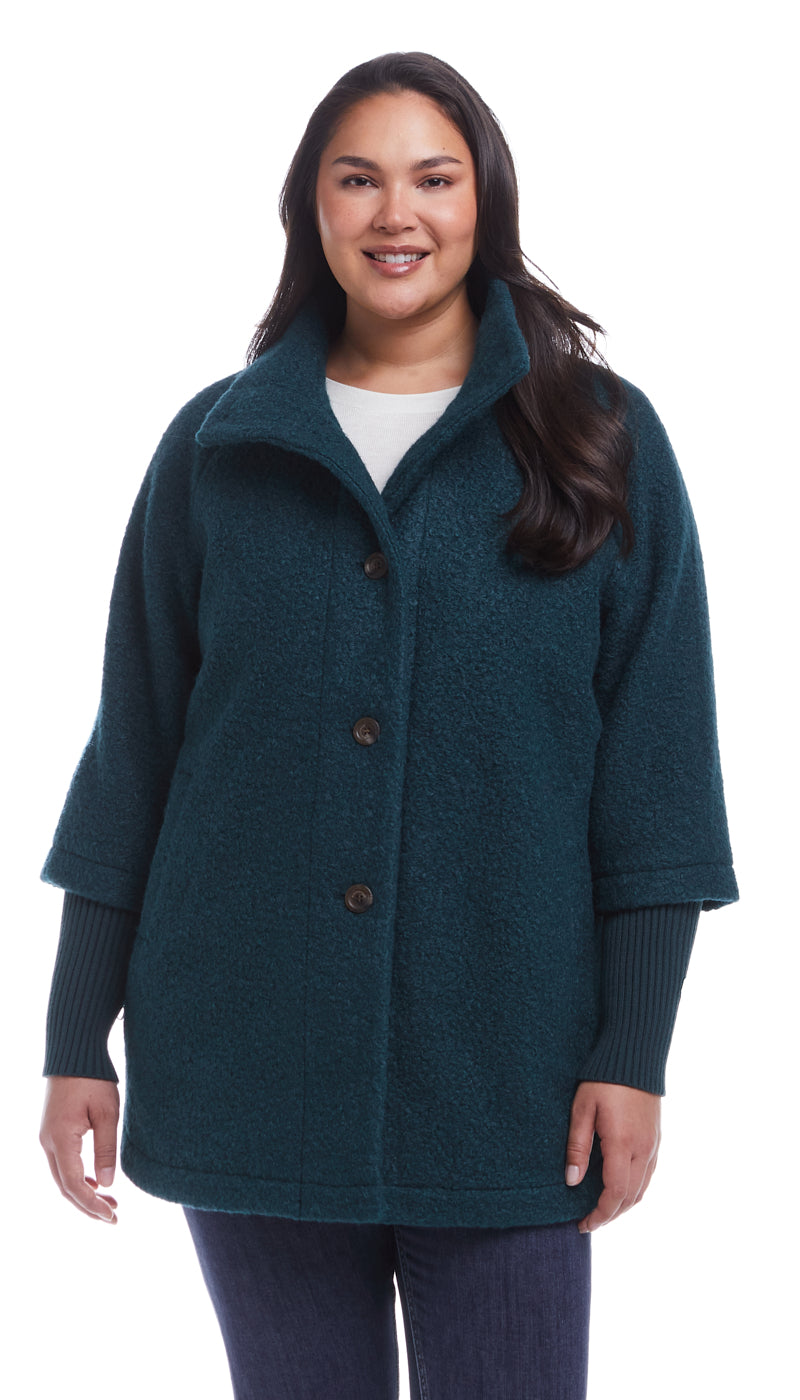 BUTTON FRONT BOUCLE TOPPER WITH KNIT SLEEVES