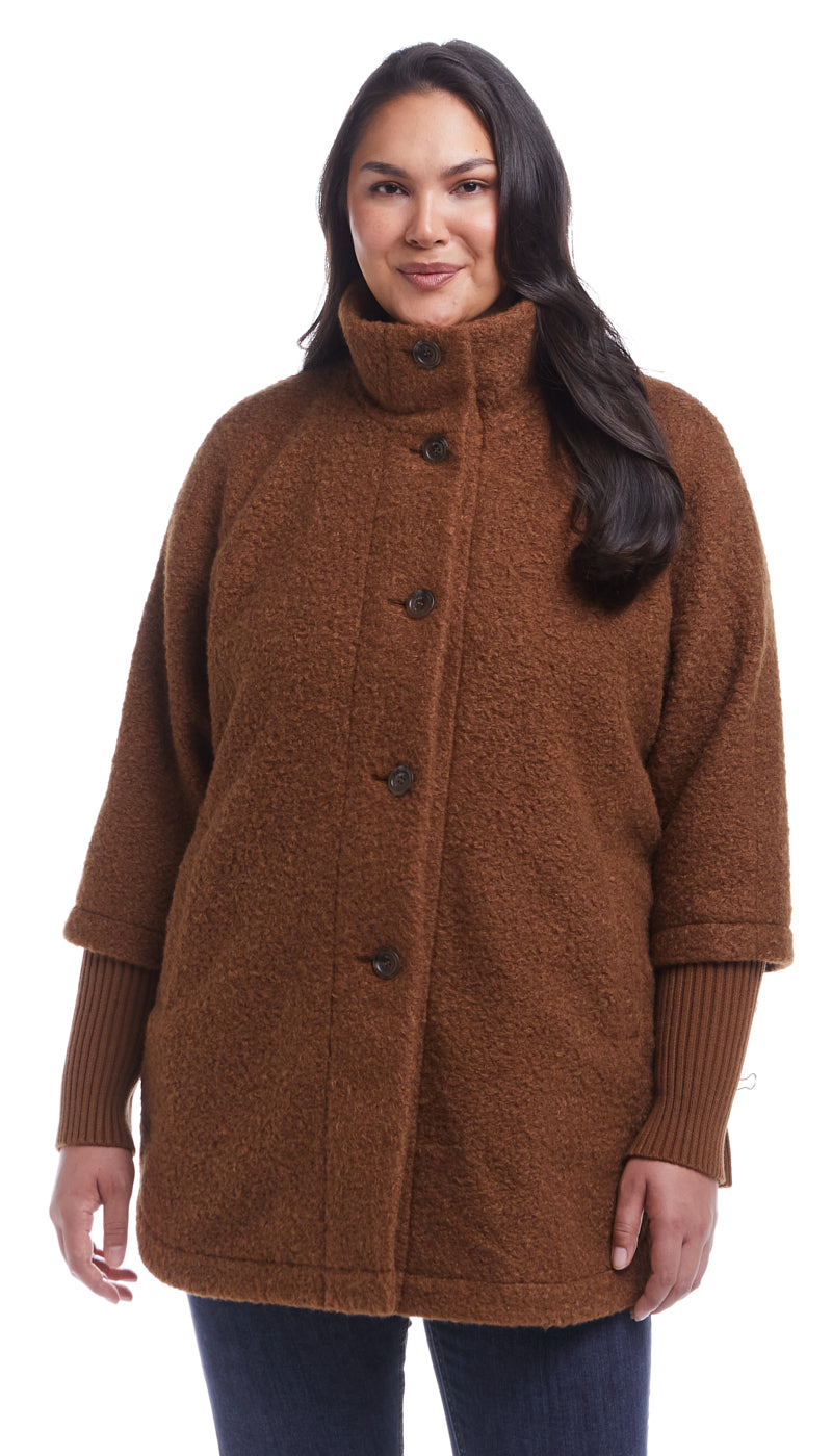 BUTTON FRONT BOUCLE TOPPER WITH KNIT SLEEVES