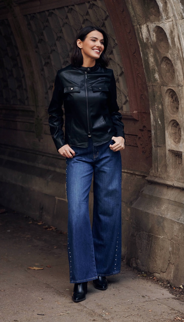 FAUX LEATHER JACKET WITH STRETCH KNIT