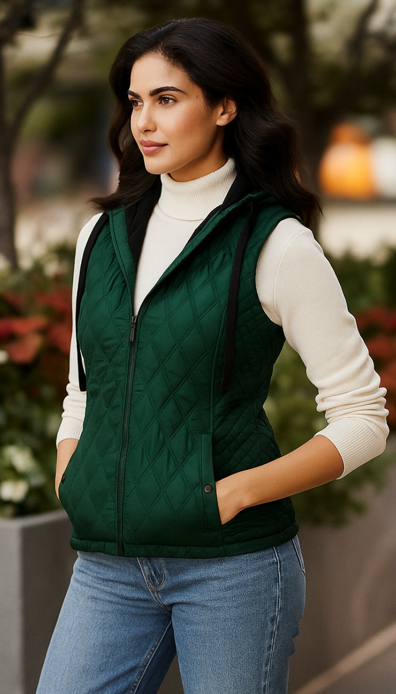QUILTED HOODED VEST WITH PLUSH LINING